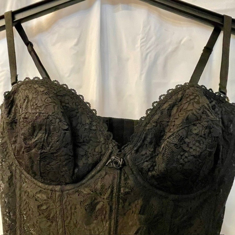 Vintage 90s Fredericks of Hollywood Sheer Black Lace Corset Bustier Goth Top 38D - Picture 2 of 9